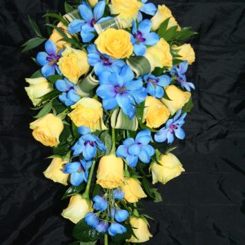 Bridal Wedding Shower bouquet of yellow Roses and blue Delphinium - Wedding flowers by Rhiann. Stoke on Trent, Staffordshire